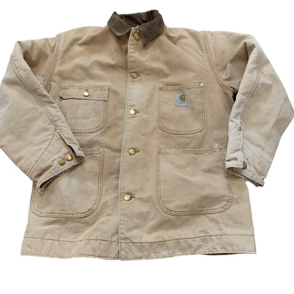 Vintage Carhartt Beige Chore Coat Corduroy Collar & Brass Buttons Sz 40 Oil Rig - Picture 2 of 11